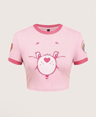 Care Bears Crop T-Shirt Top Pink Cheer Bear Smiley Face y2k Kawaii Size Small
