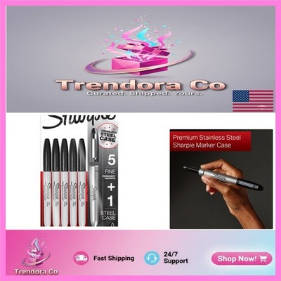 5 Refillable Black Permanent Markers in Elegant Stainless Steel Case - 6 Pack