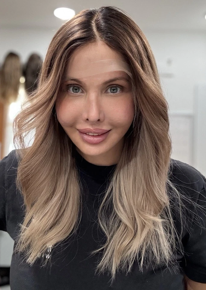 Peluca frontal 100 % cabello humano encaje Sheitel Jewish Remy 16" pequeña rubia con raíces oscuras Foto 3 de 4