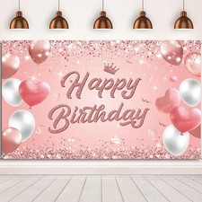 Happy Birthday Banner - Rose Gold Backdrop Banner 1.8 x 1.1m Decorations for ...