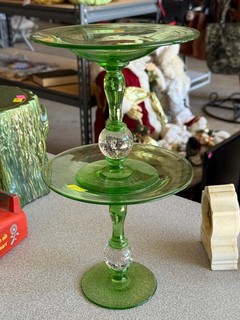 Pair of Vintage Green Glass Pedestal Compotes Controlled Bubble Stems