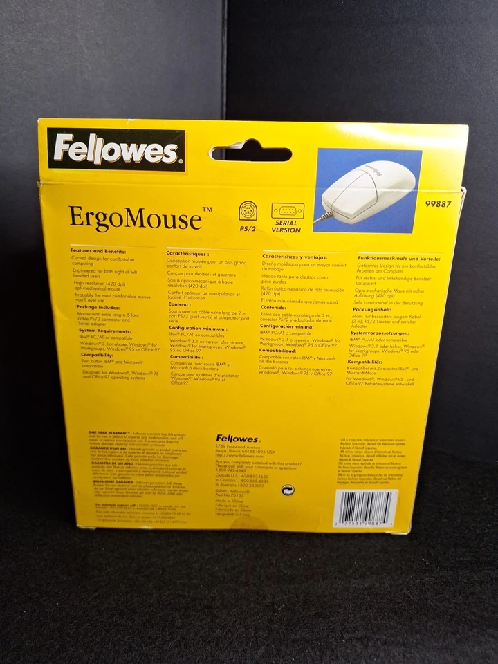 Vintage Fellowes 2-Button Mouse Plug & Play ErgoMouse Never Used Never Opened  - Image 3 of 4