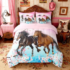 Girls Twin Horse Comforter Set 7 Pcs Pink Cherry Blossom Bedding for Teens