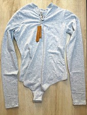 Skims Cotton Jersey Long Sleeve Henley Bodysuit in Light Heather Grey Size S NWT