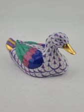 Herend Fishnet Purple Duck Figurine Handpainted Porcelain Signed By Vecsey Tamas