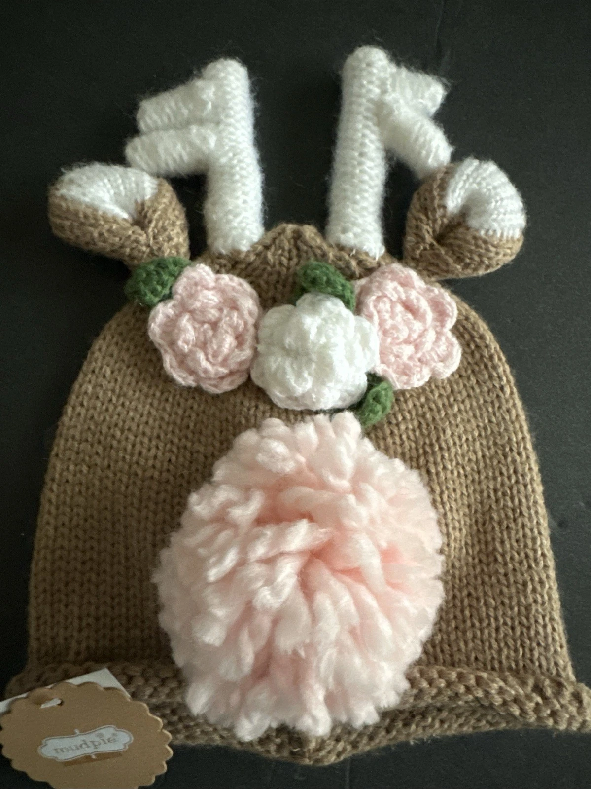 Mud Pie Newborn Baby Girl Reindeer Knit Winter Hat Pink White Tan 0-6 Months NWT