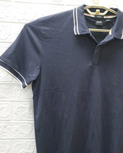 New HUGO BOSS Parley Tipped Cotton Short Sleeve Polo Navy Size Medium - Picture 2 of 9