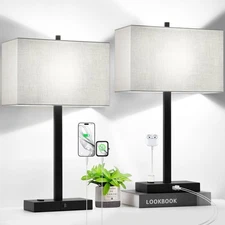21" Set of 2 Touch Control Table Lamps with 2 USB & AC Outlets, 3-Way Dimmabl...