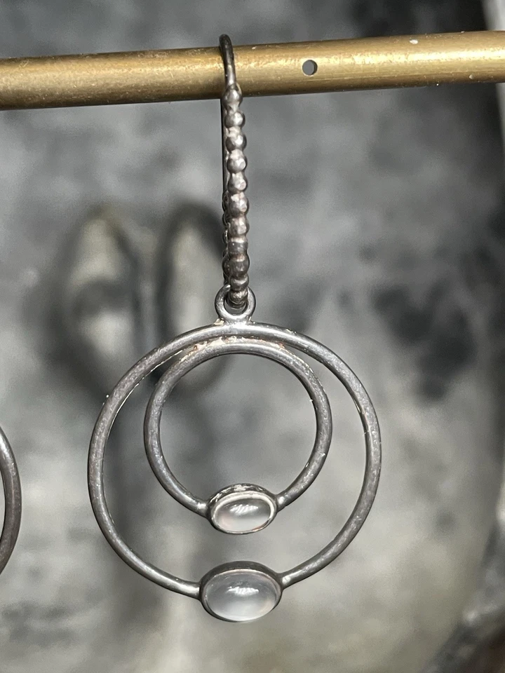 Pandora Sterling Silver Moonstone Double Hoop Dangle Earrings RARE - Image 3 of 4