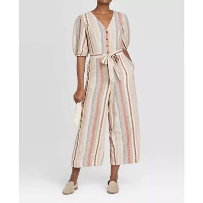 Universal Thread Striped Linen Jumpsuit Womens XS Beachy Vacation Boho Cottage