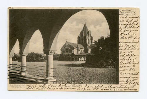 Postal en blanco y negro de la Iglesia Memorial de la Universidad de Stanford  - Imagen 1 de 2