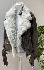Designer All Saints Shearling Leather Olive Ecru Biker Jacket Uk10 Rrp £999 Bnwt