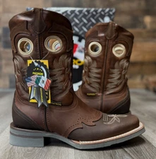 MEN'S BROWN BOOTS WESTERN COWBOY SQUARE TOE BROWN LEATHER RUBBER SOLE RANCH BOTA
