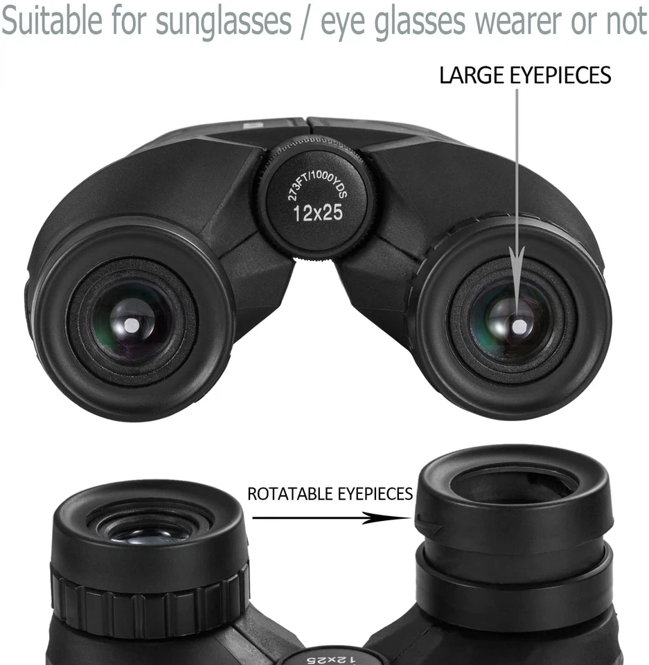 12x25 Compact Binoculars Clear Low Light Vision Large Eyepiece Waterproof hard - Image 3 of 4