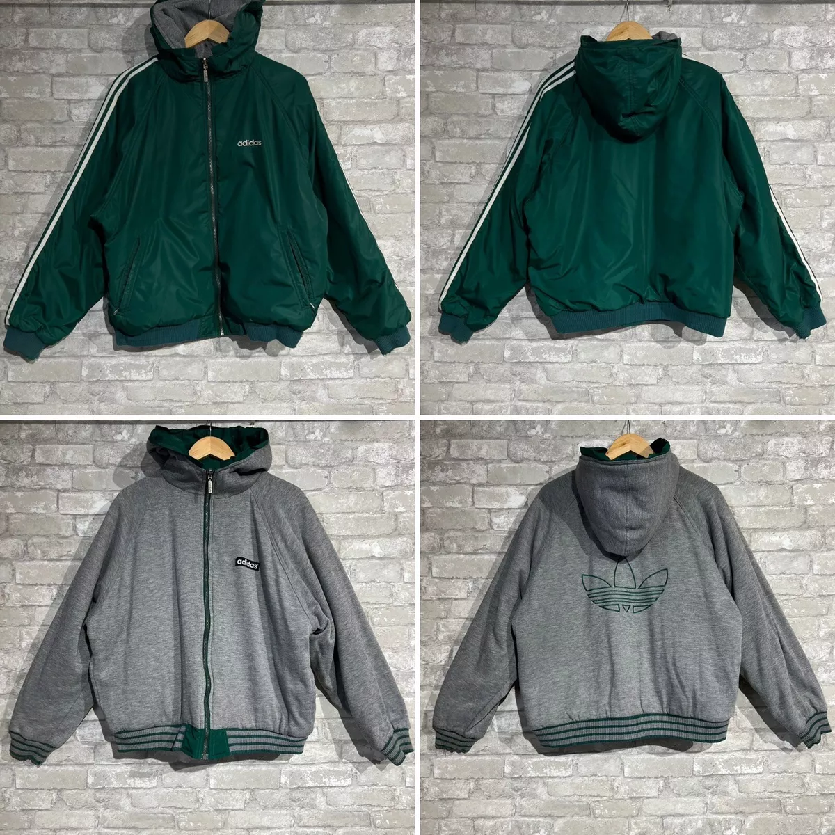 Vintage 90s Adidas Reversible Hooded Jacket Green and Gray Full Zip Coat Nylon