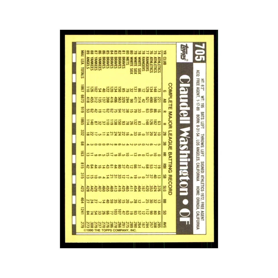 Claudell Washington 1990 Topps Tiffany #705 California Angels Baseball Card NM - Image 2 of 3