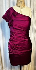 Express Womens Magenta Satin One Shoulder Fitted Knee L Dress Sz 2 used