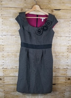 Dressbarn Sheath Shift Dress 6 Medium Black White Tweed Career