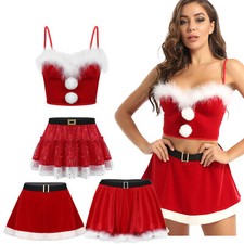 US Women's Christmas Santa Mini Skater Skirt /Crop Top Santa Cosplay Costume