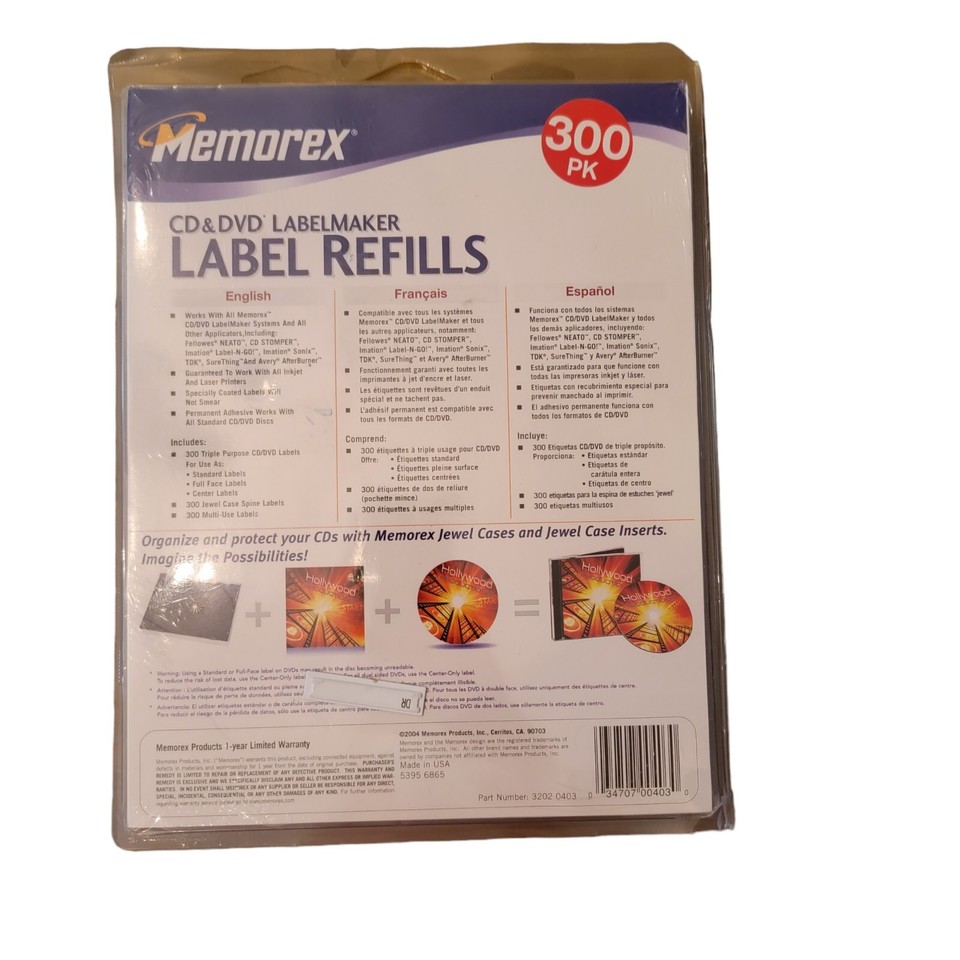 Memorex CD/DVD LabelMaker Label Refills White Matte Inkjet Laser 300 ...