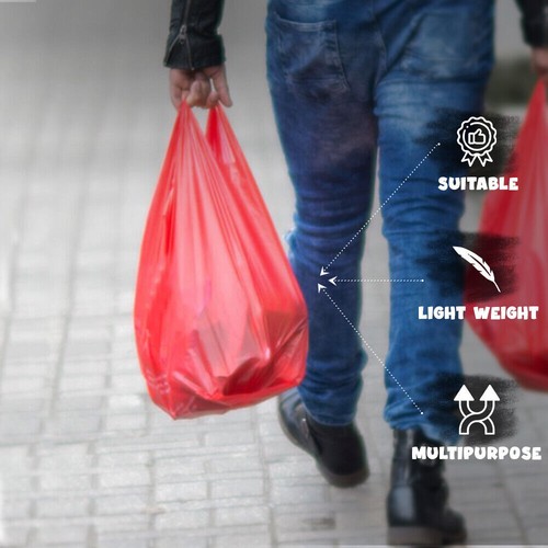 Plastic Vest Style Carrier Bags 11" x 17" x 21" 18mu Red Reusable Carry Bag - Picture 5 of 5