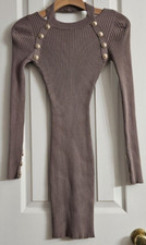 Hera Collection Brown Knit Sweater Bodycon Dress Ribbed Crew Neck V Back Small