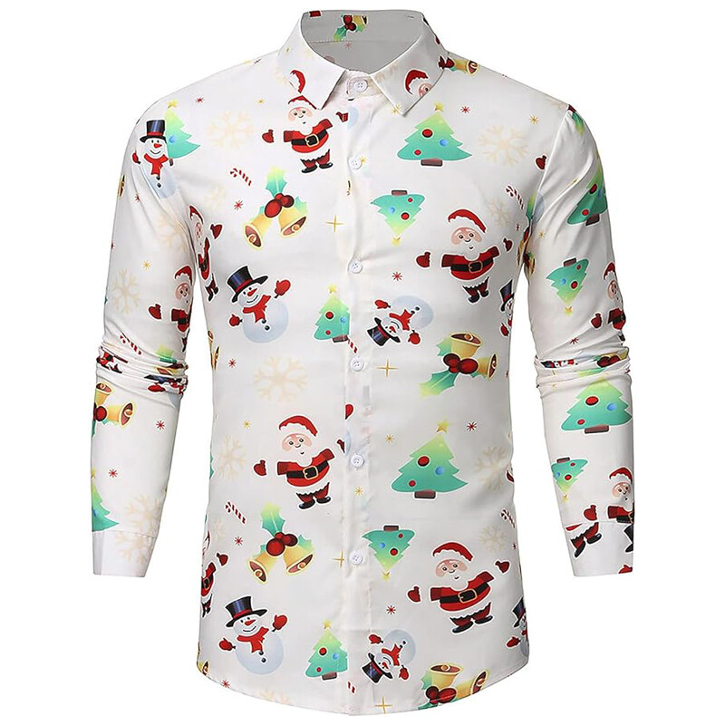 MEN CHRISTMAS BUTTON DOWN SHIRT LONG XMAS SLEEVE COLLAR TOPS CASUAL