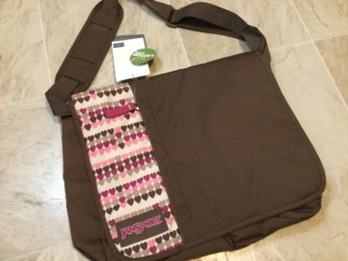 NWT Jansport 15.4” Laptop Brown Pink Hearts Print Sleeve Messenger Bag - Picture 1 of 4