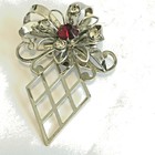 Silver Tone Red Center Rhinestone Flower Brooch Pin Pendant Dainty 2" Tall