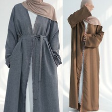 Solid Color Muslim Women Abaya Maxi Dress Dubai Open Kimono Cardigan Robe Kaftan