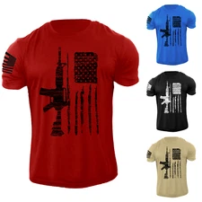 Men's USA GUN Flag T Shirt American Patriotic 100% Cotton Distressed Tee