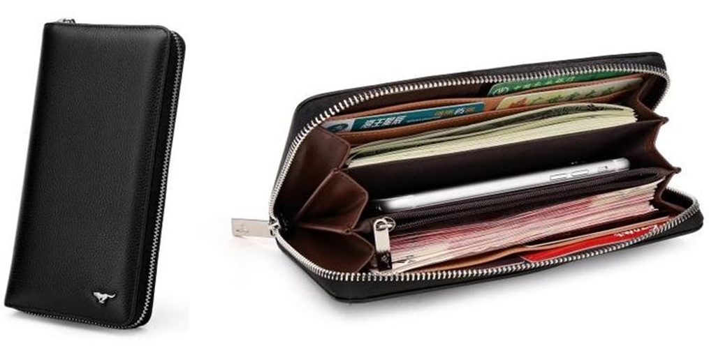 Septwolves men cow leather wallet purse Zip bag Clutch pouch black