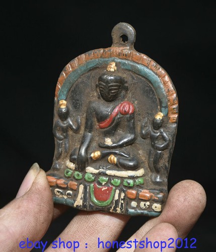 3,2" seltene alte tibetische Bronzemalerei Shakyamuni Amitabha Buddha Anhänger - Bild 3 von 5
