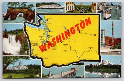 Washington Map Postcard Vintage History Travel Souvenir Card WA