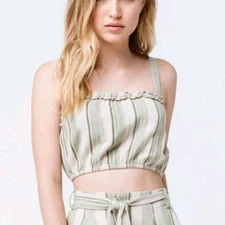 AMUSE SOCIETY Catch My Drift PALM GREEN Striped WOVEN Boho Festival CROP TOP M