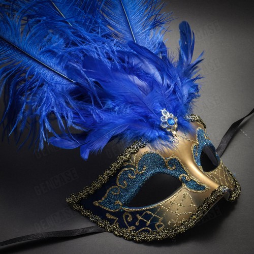Venetian Buata BLUE Feather Halloween Masquerade Ball Couple's Eyes Party Mask - Picture 5 of 5