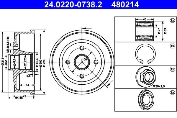 2X ATE 24.0220-0738.2 Bremstrommel FüR Opel-image