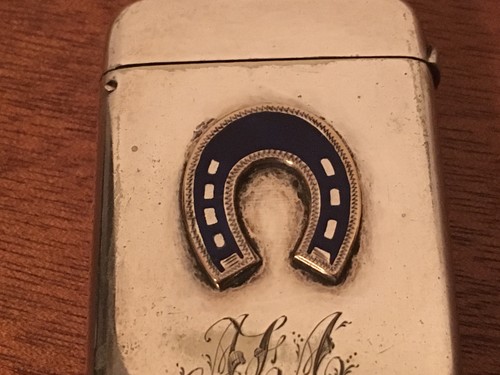Antique HJ & Co Silver Plated Match Safe w/ Enamel Horse Shoe Decoration - Picture 3 of 11