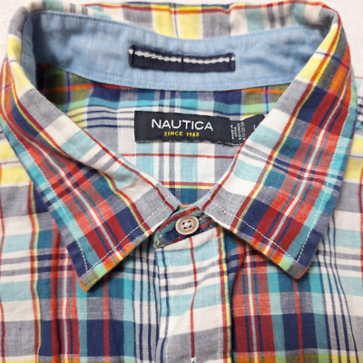 NAUTICA Linen Blend Button-Up Short Sleeve Shirt Mens Sz L Multi Plaid Preppy
