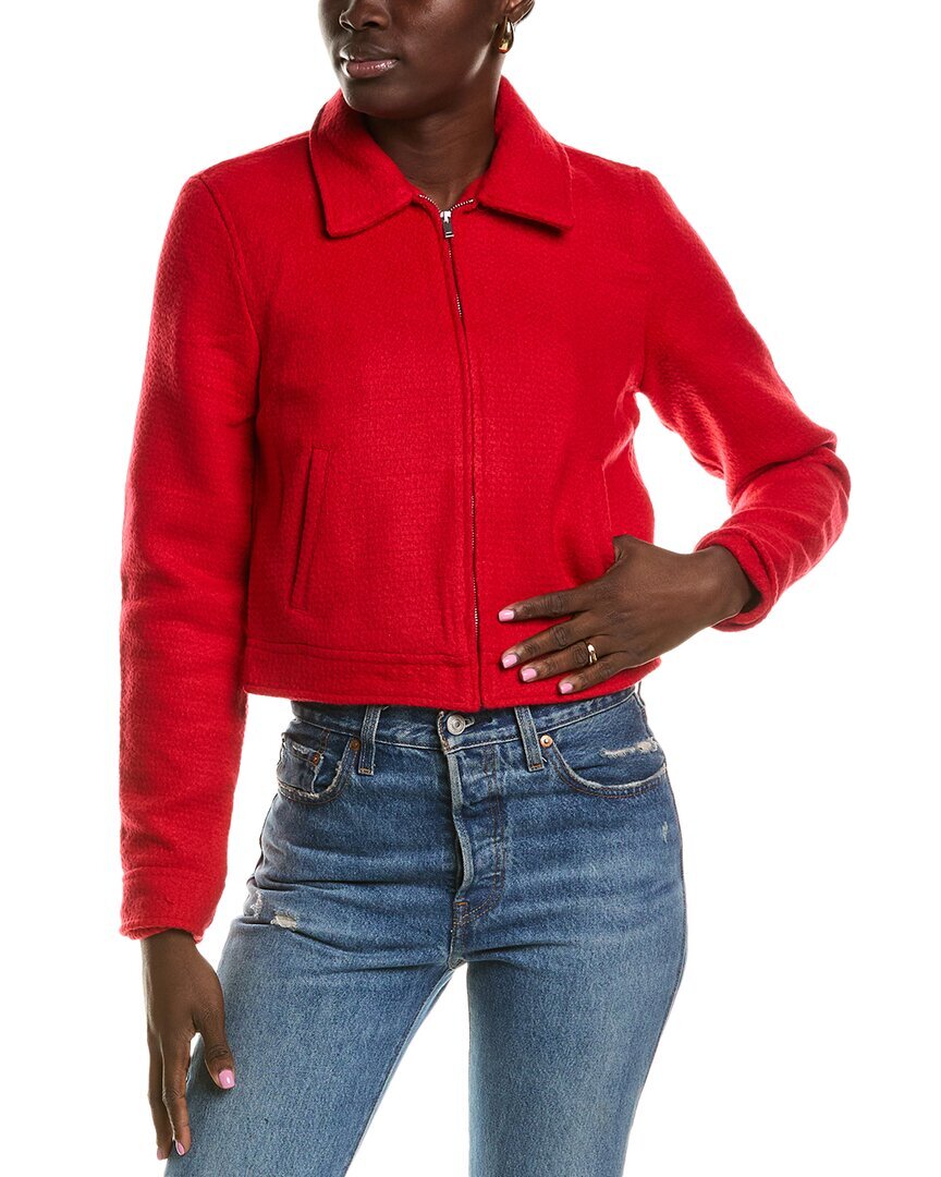 T Tahari Zipper Front Textured Wool-Blend Jacket Womens Red Xs