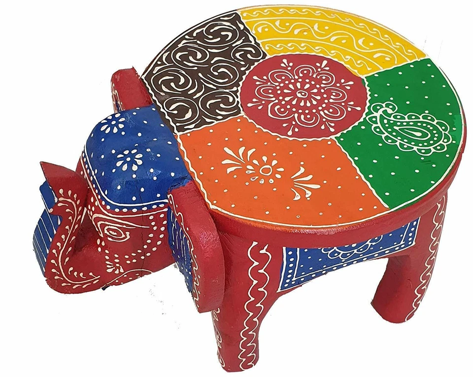 Elephant Shaped Handcrafted Handpainted Wooden Stool Cum Side Table Furniture - Image 2 of 4
