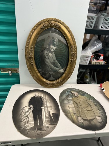 Antique Oval Bubble Glass Gold Frame 24 x 19" Convex & 3 Antique Portraits - Picture 5 of 24