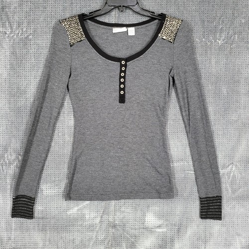 MIss Me Rose Pailletten/Perlen Langarm Thermo 4 Knöpfe Top Damen Medium Grau