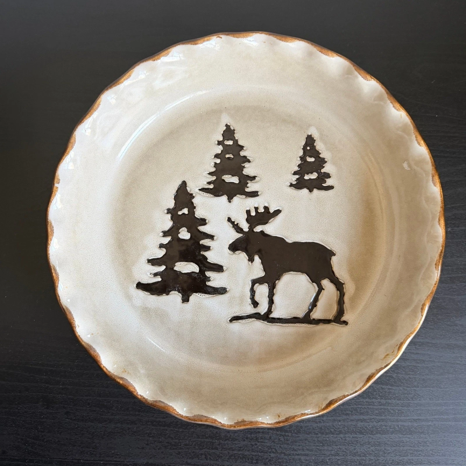 Woodland Collection Moose Pine Tree Ceramic Pie Dish 10.5" Scalloped Brown Tan