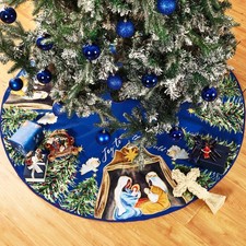 Nativity Christmas Tree Skirt Joy to the World Winter Tree Mat Nativity Scene De