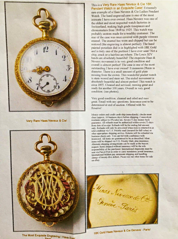 Haas Neveux & Cie 18K Yellow Gold Ladies Pocket Watch White Dial Manual