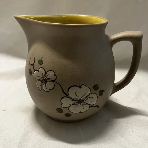 Vintage Pigeon Forge Handmade Pottery Milk Pitcher Dogwood Flowers Yellow Inside
