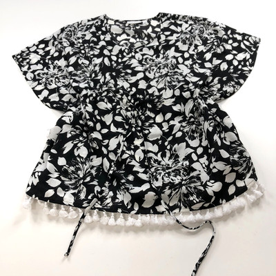 Susan Graver XL Smock Peasant All Over Print Pullover Loop Tie Top Blouse Black