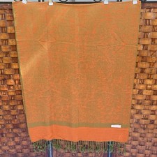 Pashmina  Silk Scarf Orange Green Paisley Fringed Wrap 68x27" Boho Festival