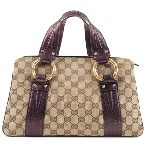 GUCCI Hand Bag Purple Beige Brown GG Canvas Leather 131324 Auth Used